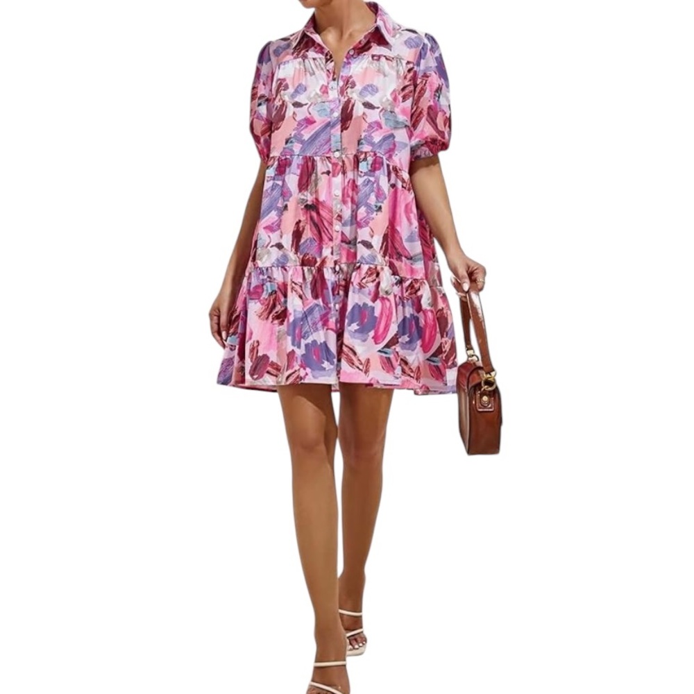 Pink multi colored Floral  Ruffle Hem Smock Dress,baby doll dress,Large,New - Picture 3 of 12